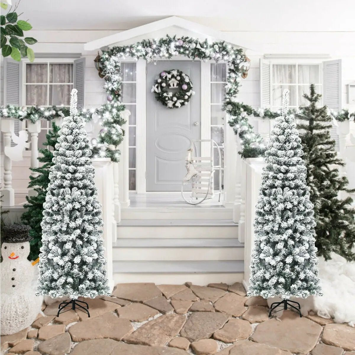 DirectDeals 6 ft unlit hinged snow-flocked artificial pencil Christmas trees with 500 tips, pair on Tampa Home & Garden Store