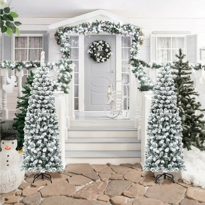 DirectDeals 6 ft unlit hinged snow-flocked artificial pencil Christmas trees with 500 tips, pair on Tampa Home & Garden Store
