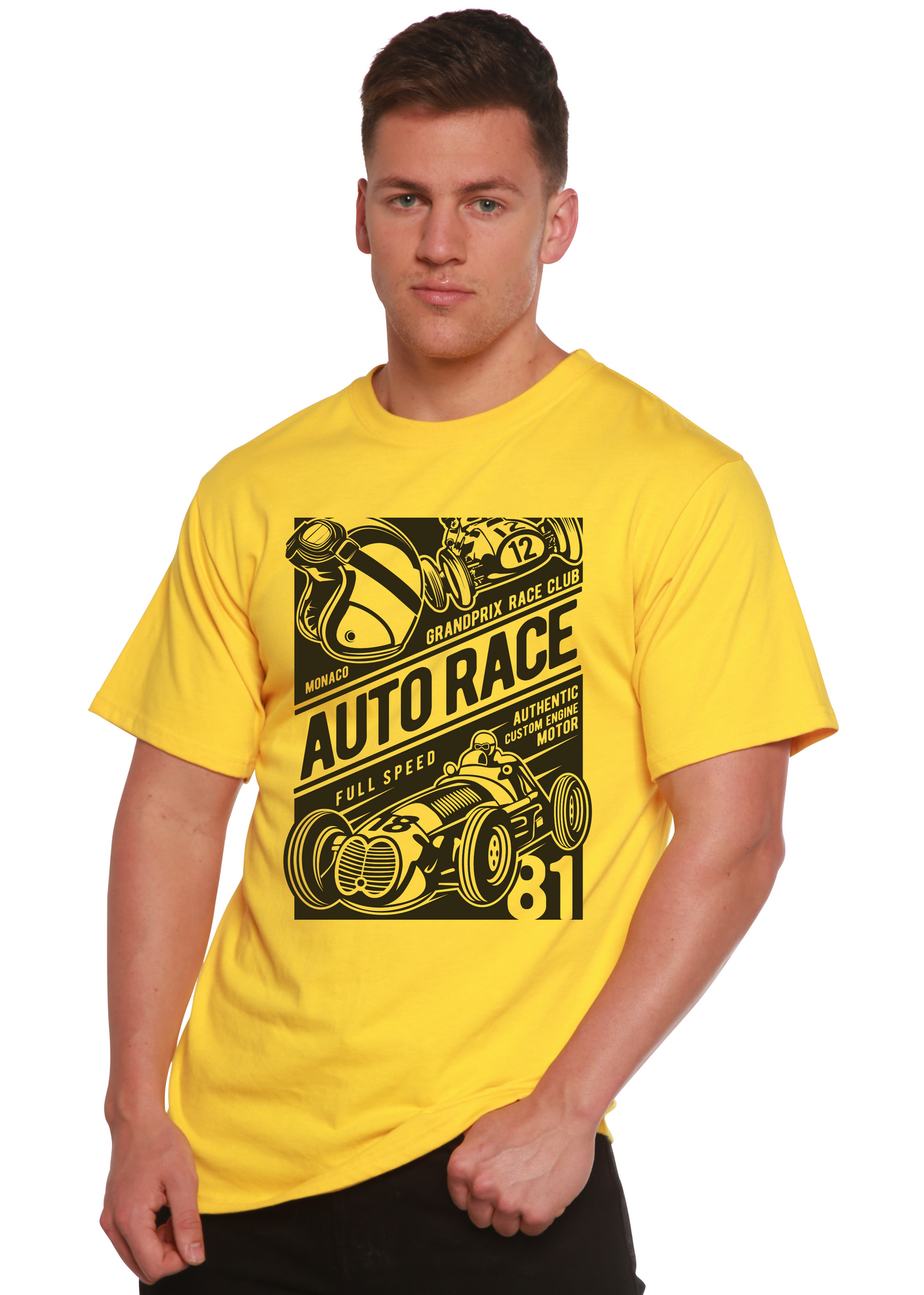 Auto Race men's graphic T-shirt in yellow bamboo viscose/organic cotton with black print on Tampa Home & Garden Store