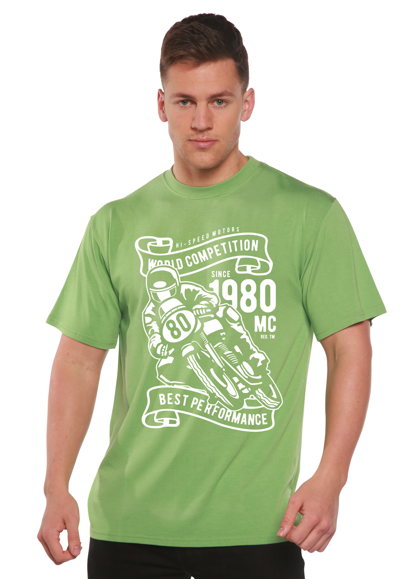 World Competition men's bamboo viscose/organic cotton lime green tee with motorcycle print on Tampa Home & Garden Store