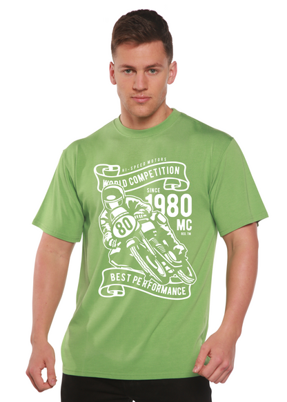World Competition men's bamboo viscose/organic cotton lime green tee with motorcycle print on Tampa Home & Garden Store