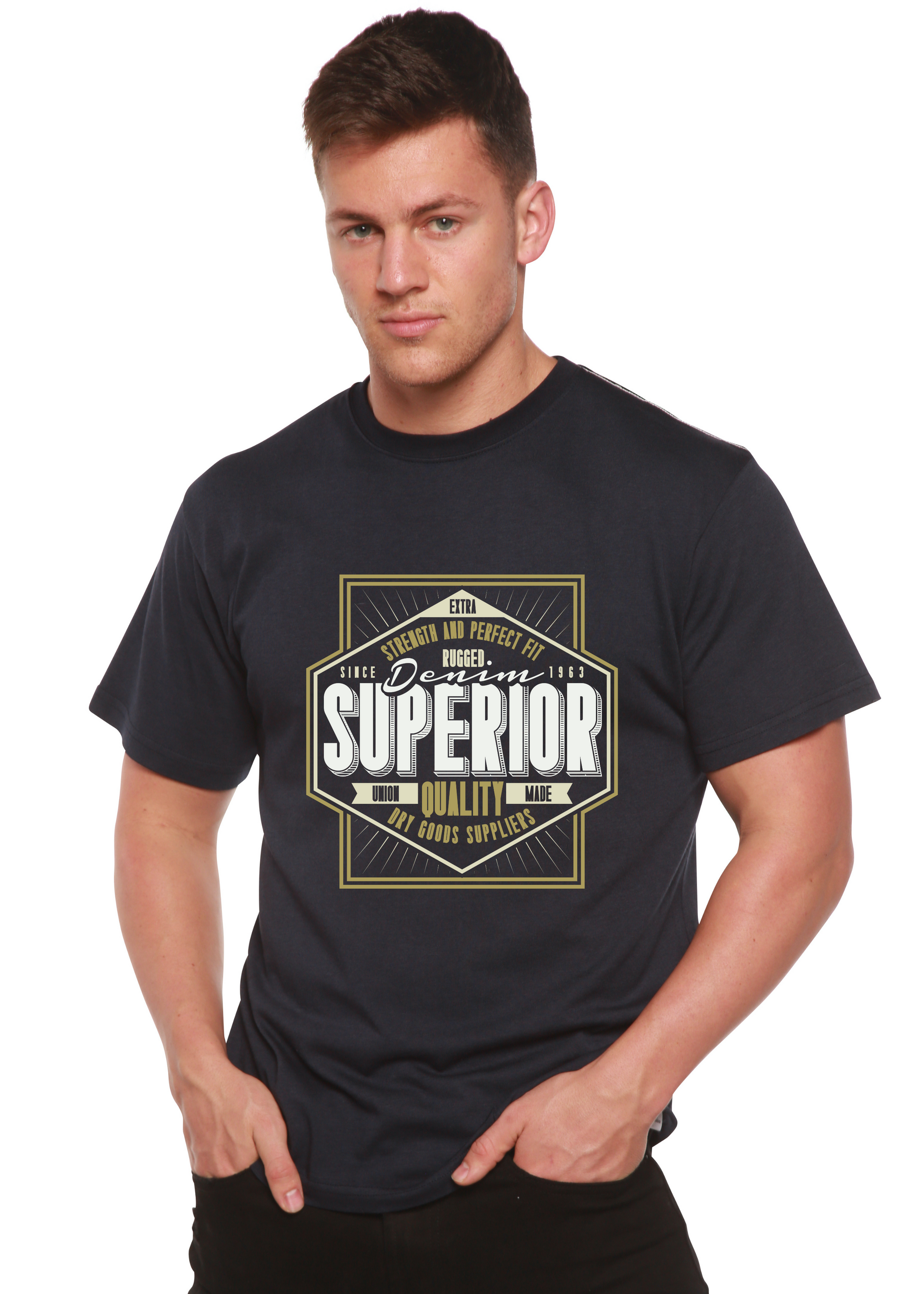 Men's short sleeve graphic tee navy with badge print, bamboo viscose/organic cotton Spun Bamboo on Tampa Home & Garden Store