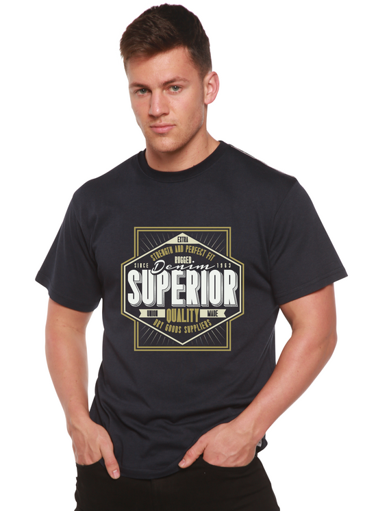 Men's short sleeve graphic tee navy with badge print, bamboo viscose/organic cotton Spun Bamboo on Tampa Home & Garden Store