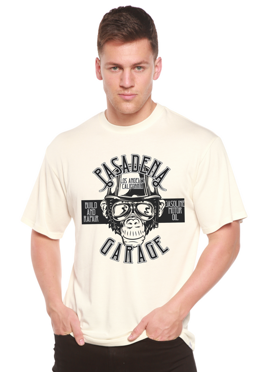 Pasadena Garage men's graphic t-shirt in cream bamboo viscose/organic cotton by Spun Bamboo on Tampa Home & Garden Store