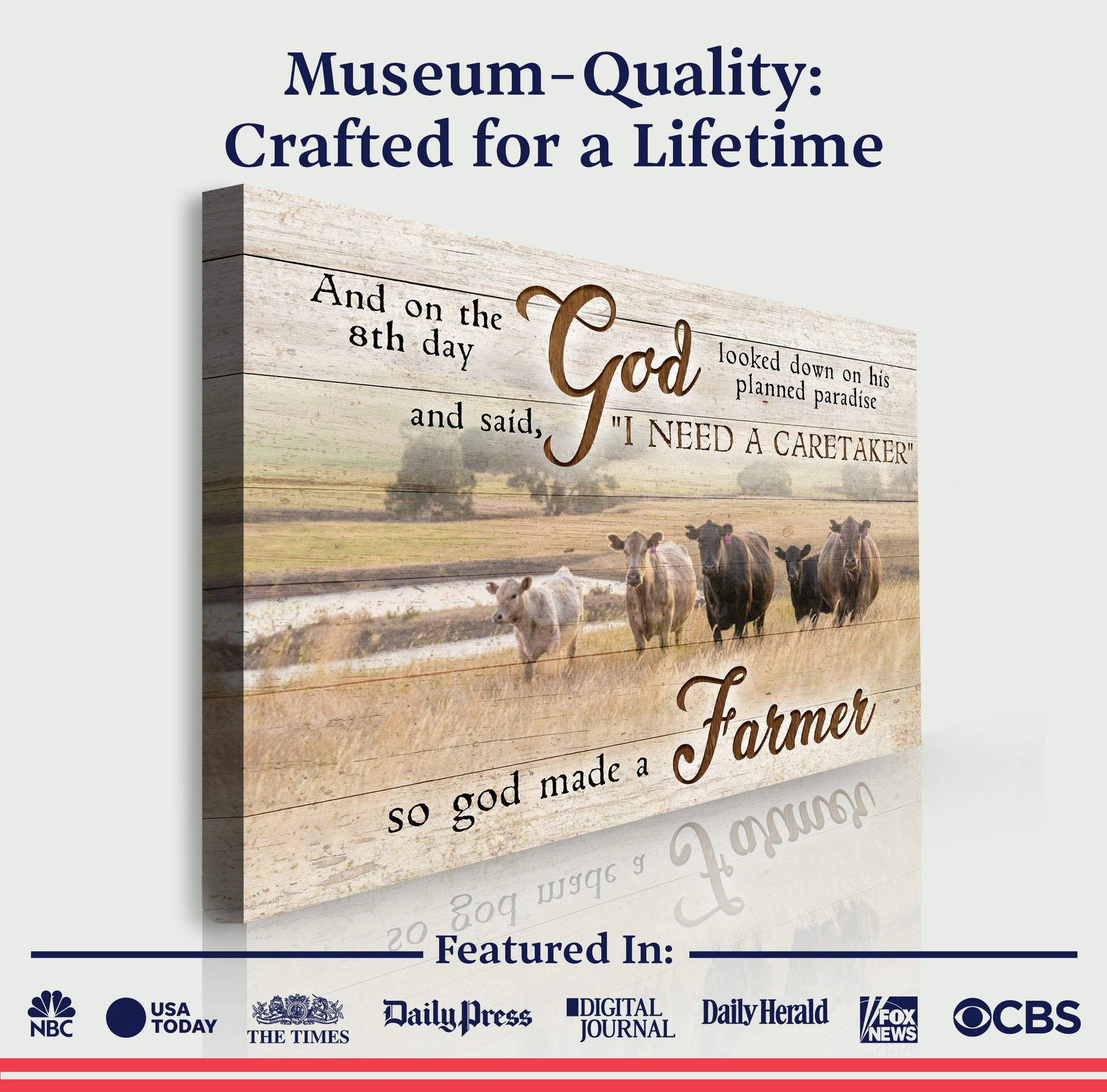 Canvas sign On The 8th Day God Made A Farmer Sign III with rustic wood backdrop and cows on Tampa Home & Garden Store