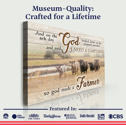 Canvas sign On The 8th Day God Made A Farmer Sign III with rustic wood backdrop and cows on Tampa Home & Garden Store