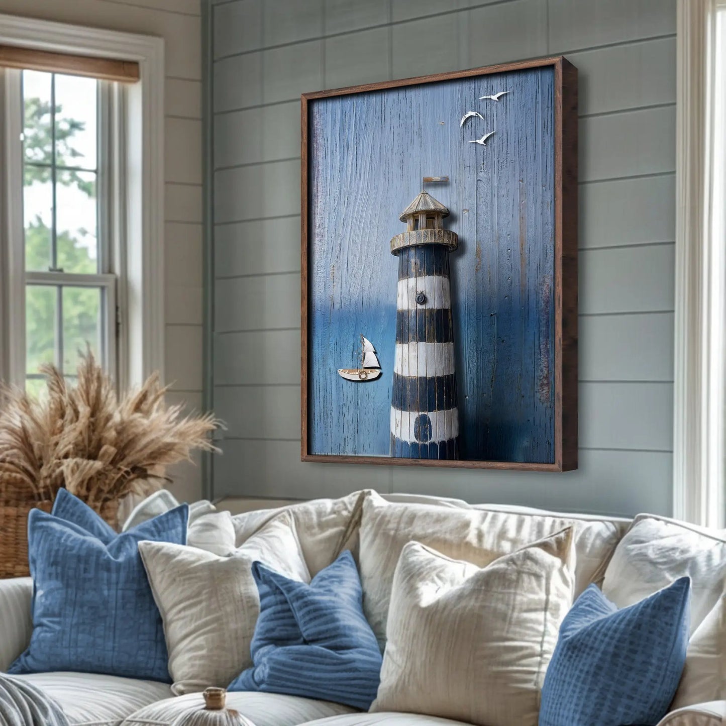 Wooden Lighthouse Coastal Wall Art III canvas in blue wood panel Tailored Canvases on Tampa Home & Garden Store