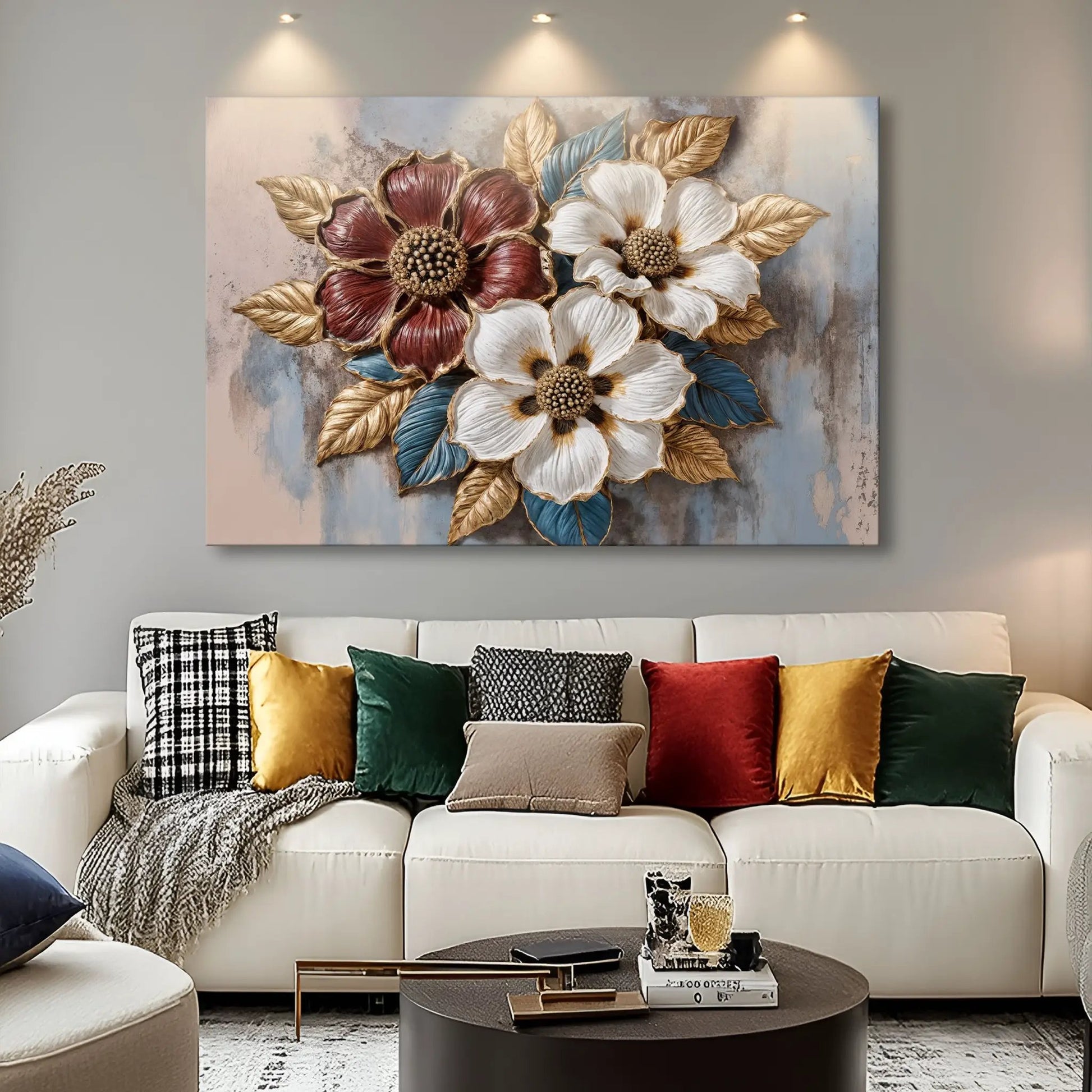Floral Symphony Wall Art II by Tailored Canvases; red and white petals with gold leaves on Tampa Home & Garden Store
