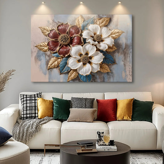 Floral Symphony Wall Art II by Tailored Canvases; red and white petals with gold leaves on Tampa Home & Garden Store