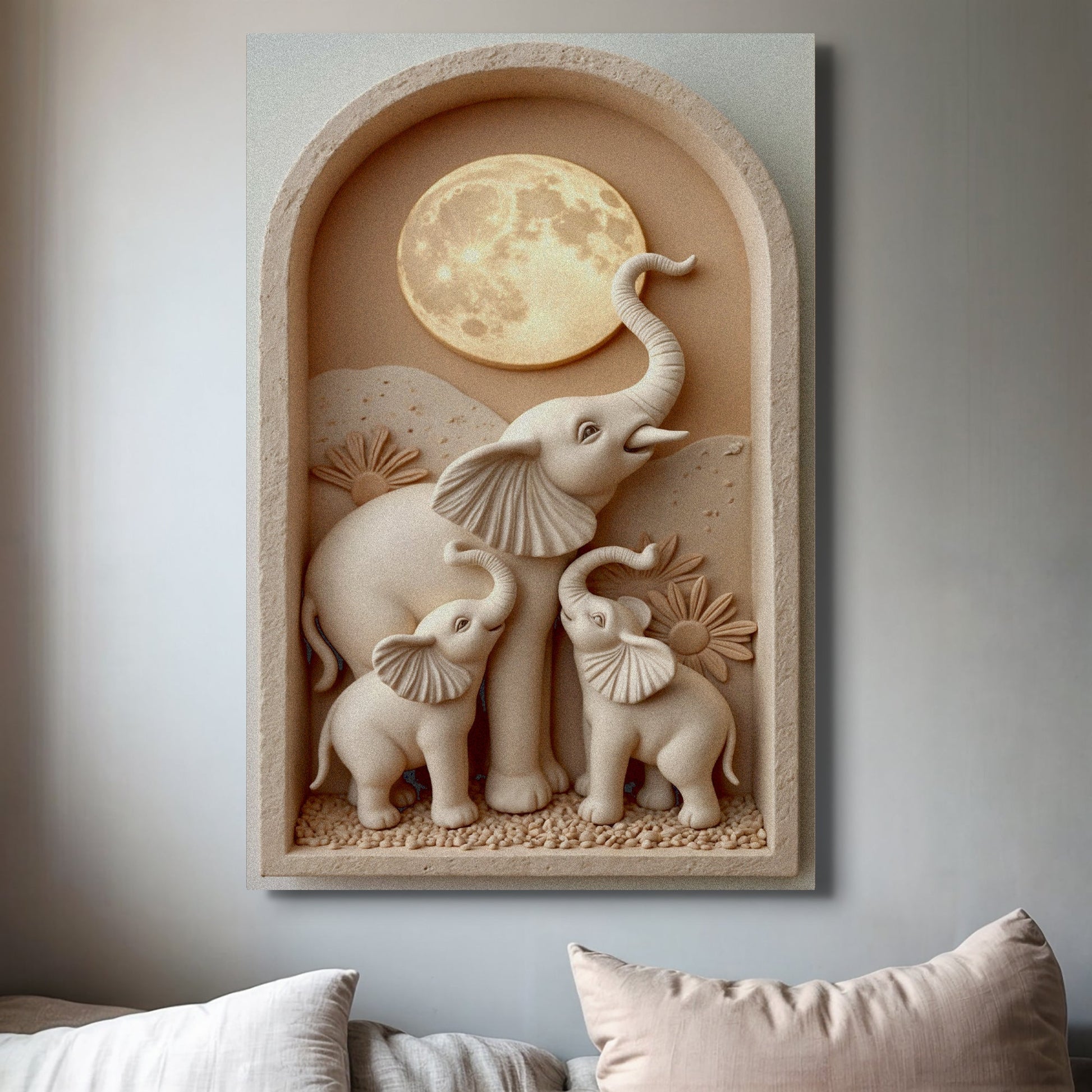 Elephant Harmony Wall Art canvas by Tailored Canvases beige 3D elephant relief with moon on Tampa Home & Garden Store