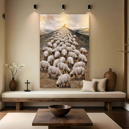 Parable Of The Lost Sheep Faith Wall Art II canvas shepherd guiding flock of white sheep on Tampa Home & Garden Store