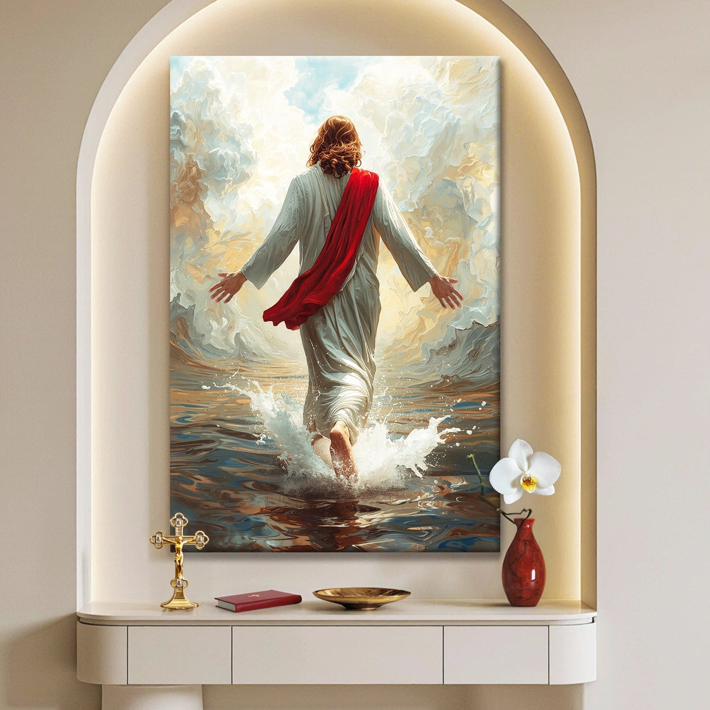 Jesus Christ Walking On Water Faith Wall Art IX canvas Tailored Canvases, robe red sash on Tampa Home & Garden Store