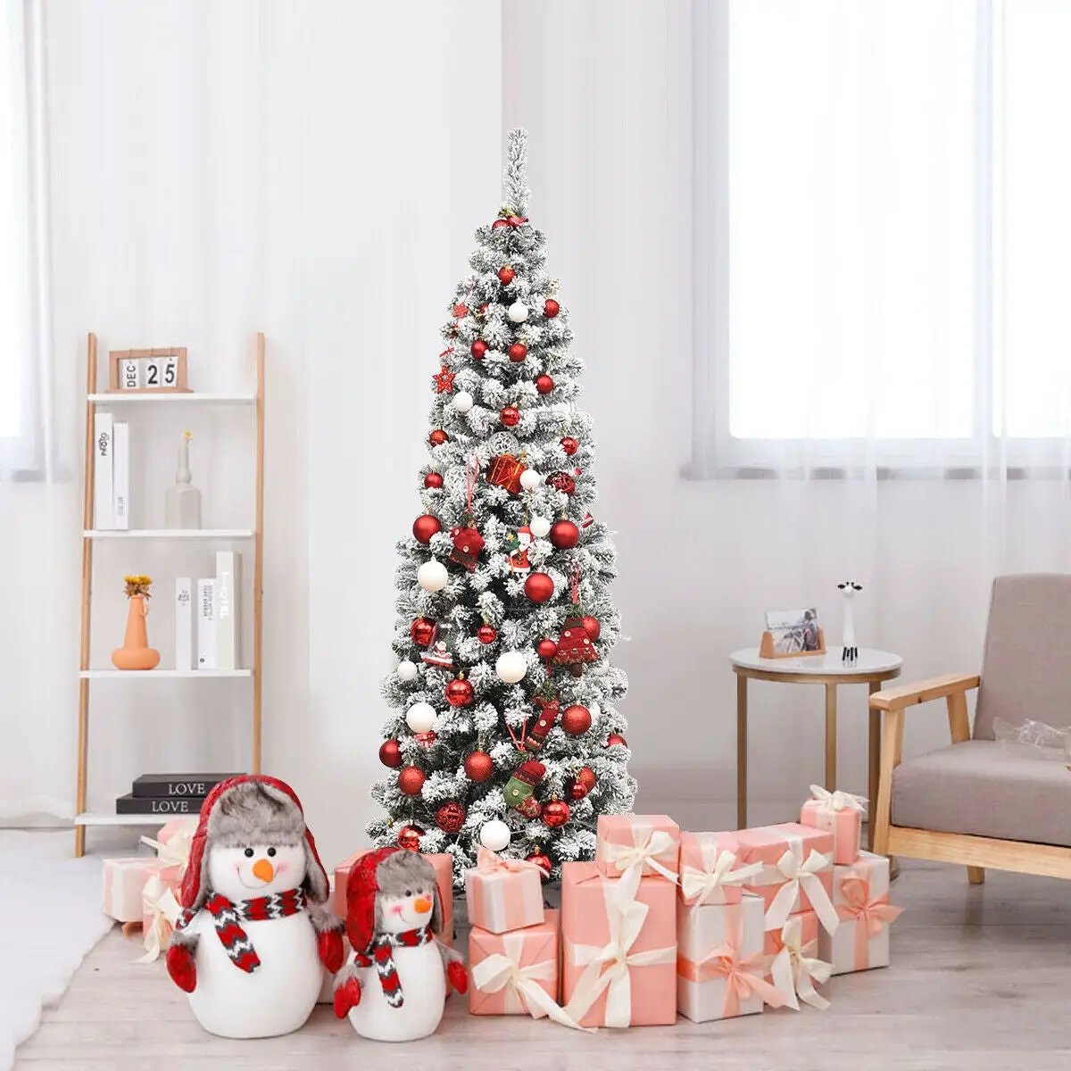 DirectDeals 6 ft pre-lit snow-flocked pencil Christmas tree with 250 LED lights, red ornaments on Tampa Home & Garden Store