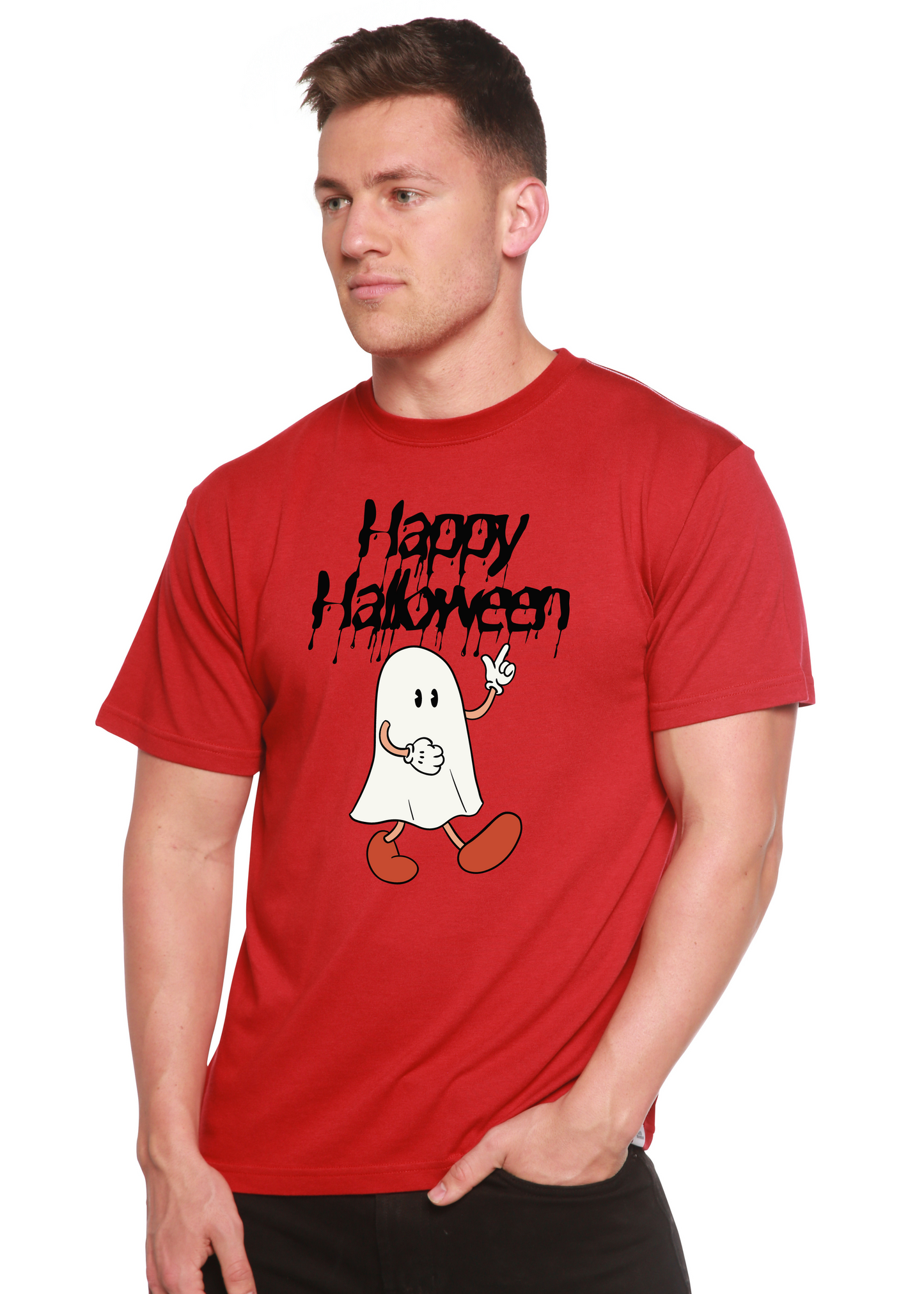 Happy Halloween men's bamboo tee with ghost graphic in red by Spun Bamboo on Tampa Home & Garden Store
