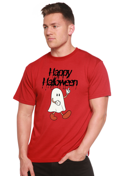 Happy Halloween men's bamboo tee with ghost graphic in red by Spun Bamboo on Tampa Home & Garden Store