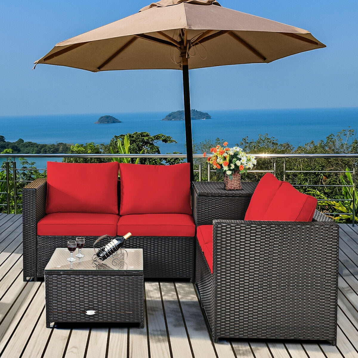 Juego de muebles de ratán para patio exterior de 4 piezas con sofá biplaza acolchado y caja de almacenamiento - Rojo
