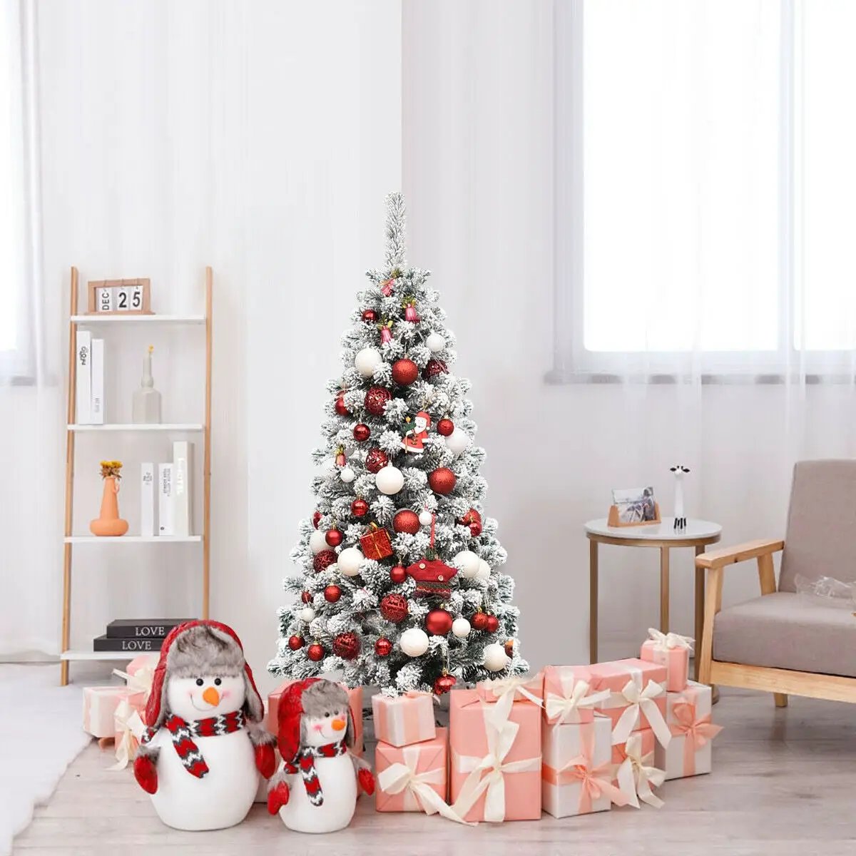 4.5 ft Pre-Lit Snow Flocked Pencil Christmas Tree with 150 LED lights, 2 plush penguins nearby on Tampa Home & Garden Store