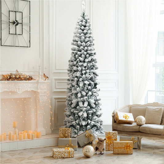 7.5 ft unlit hinged snow-flocked artificial pencil Christmas tree with 641 tips on Tampa Home & Garden Store