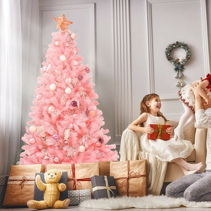 Árbol de Navidad Completo de Abeto Rosa Artificial con Bisagras de 6 Pies con Soporte de Metal Plegable