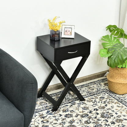 Mesa Auxiliar de Sofá de Diseño con Cajón en Forma de X para Sala de Estar o Dormitorio - Negro