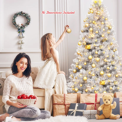 Árbol de Navidad artificial de oropel plateado de 1,8 m con bisagras sin luces y base de metal
