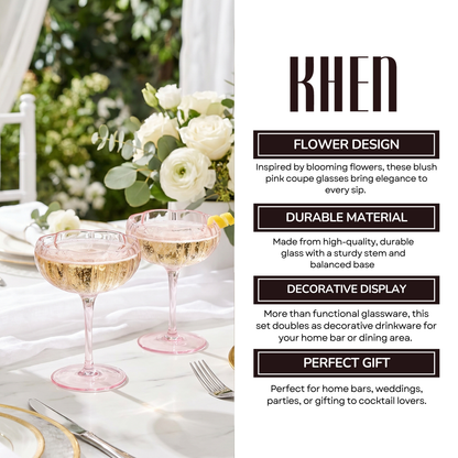 Blush Pink Floral Coupe and Cocktail Glasses