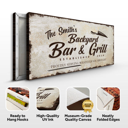 Backyard Bar & Grill Sign XVI canvas print beige distressed surface brown script Tailored Canvases on Tampa Home & Garden Store
