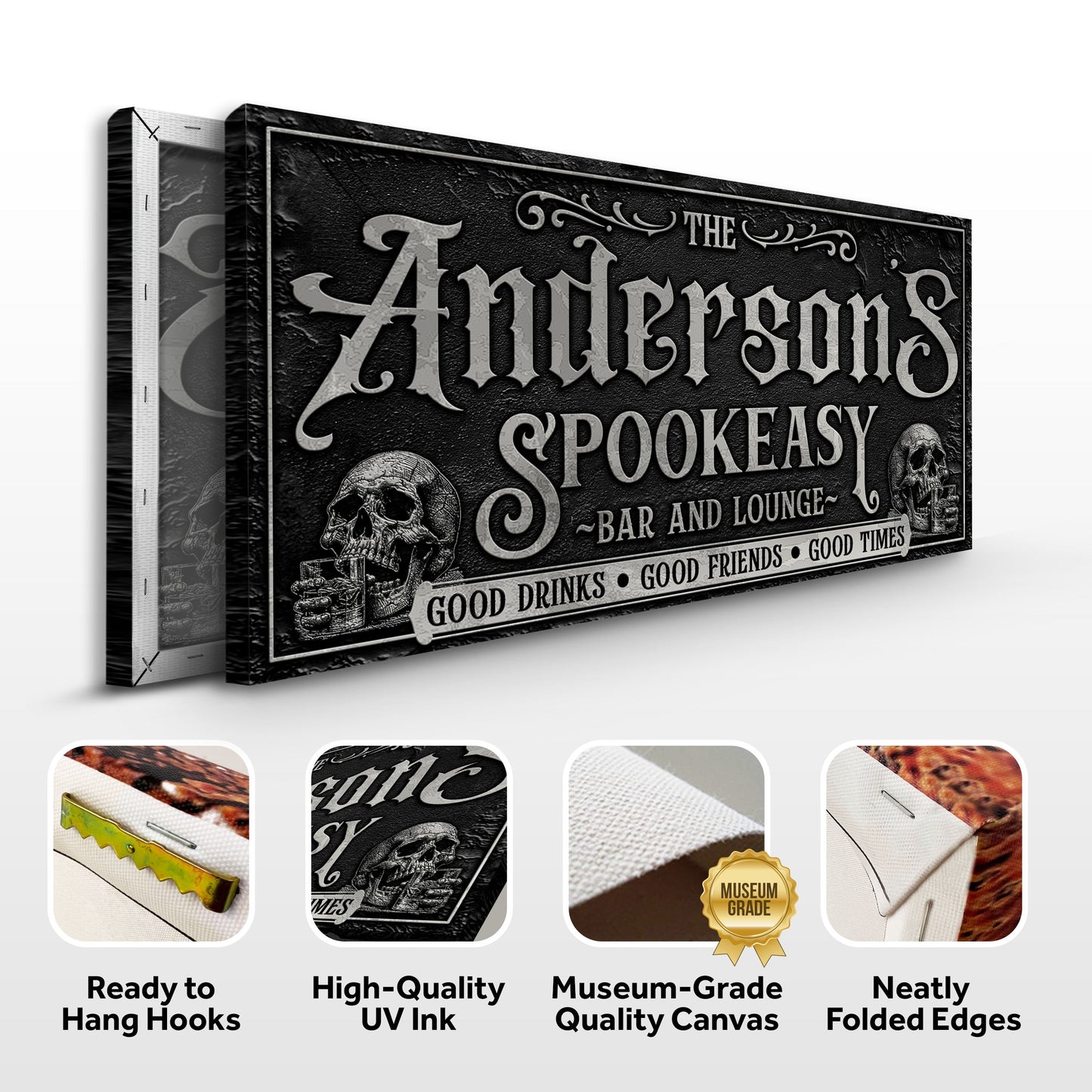 Personalized Spookeasy Bar Sign II canvas by Tailored Canvases, black textured with skulls on Tampa Home & Garden Store