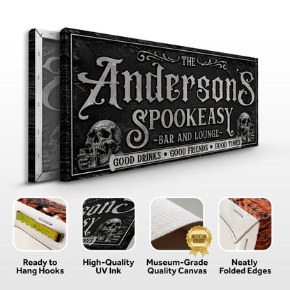 Personalized Spookeasy Bar Sign II canvas by Tailored Canvases, black textured with skulls on Tampa Home & Garden Store