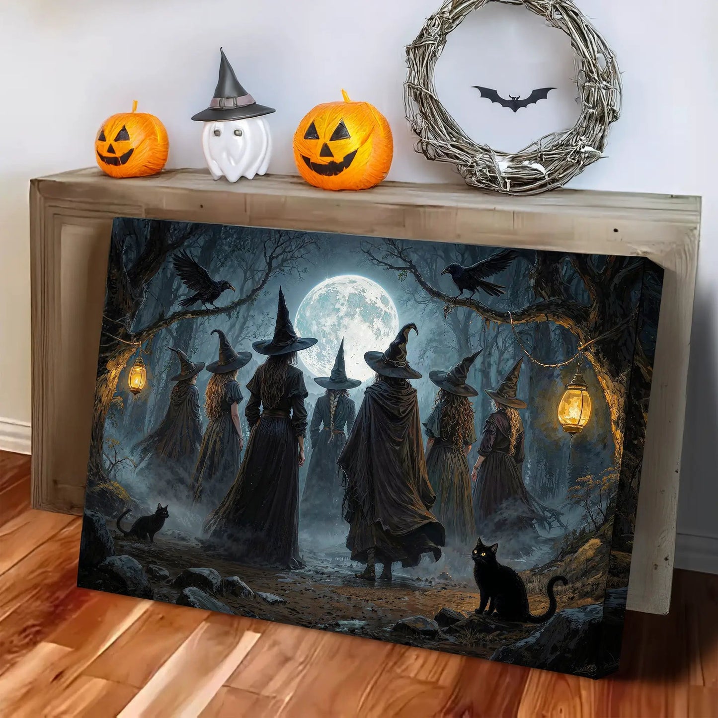 Coven of Witches Halloween Wall Art canvas by Tailored Canvases with witch silhouettes under moon on Tampa Home & Garden Store