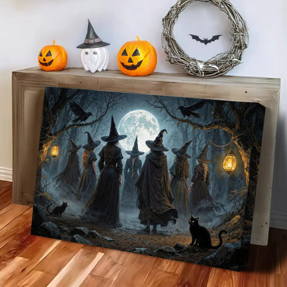 Coven of Witches Halloween Wall Art canvas by Tailored Canvases with witch silhouettes under moon on Tampa Home & Garden Store
