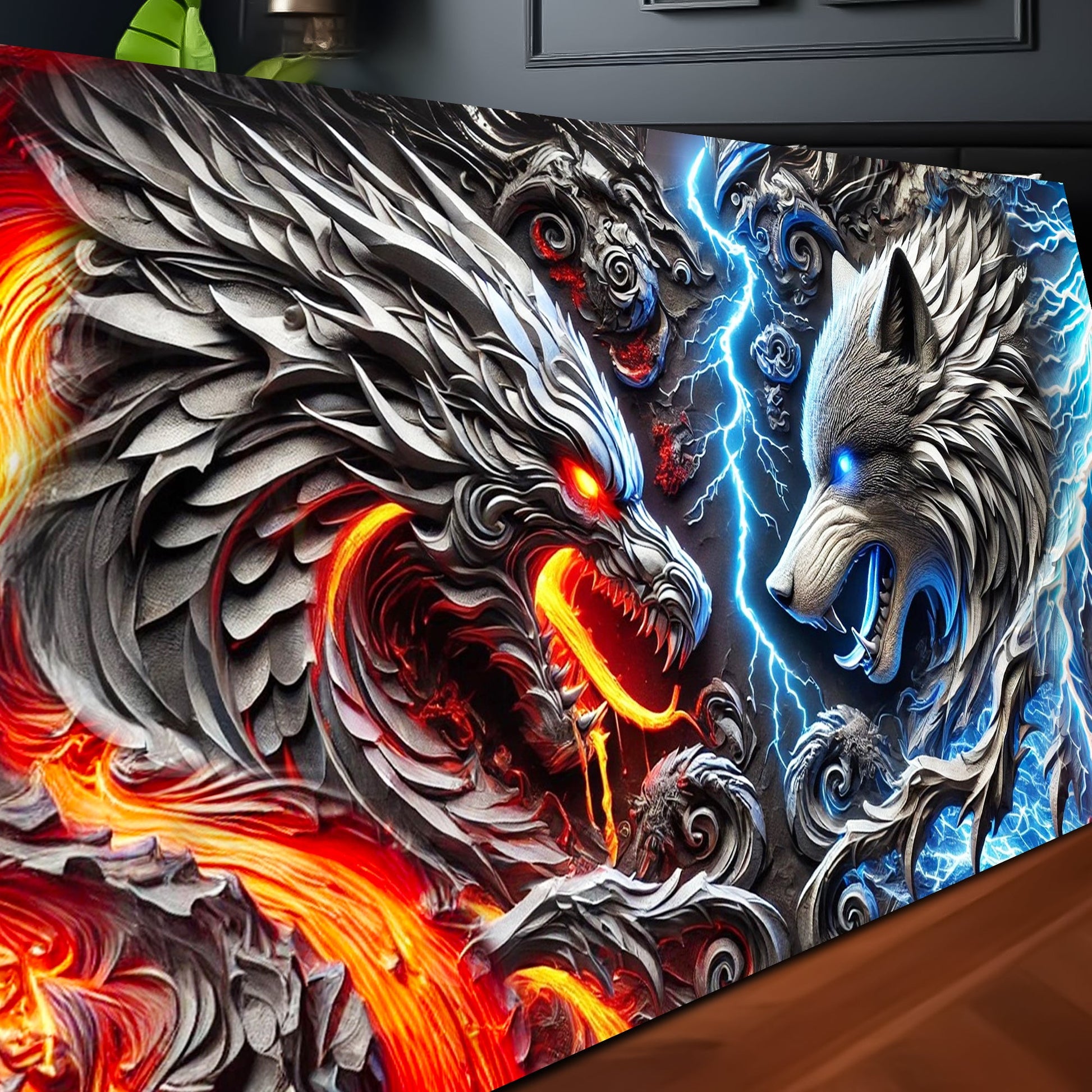 3D Dragon and Wolf Wall Art IV canvas with metallic scales and fiery red and blue accents on Tampa Home & Garden Store