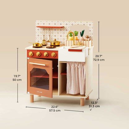 Tiny Land wooden play kitchen for toddlers honey kitchenette with gold knobs and copper pots on Tampa Home & Garden Store