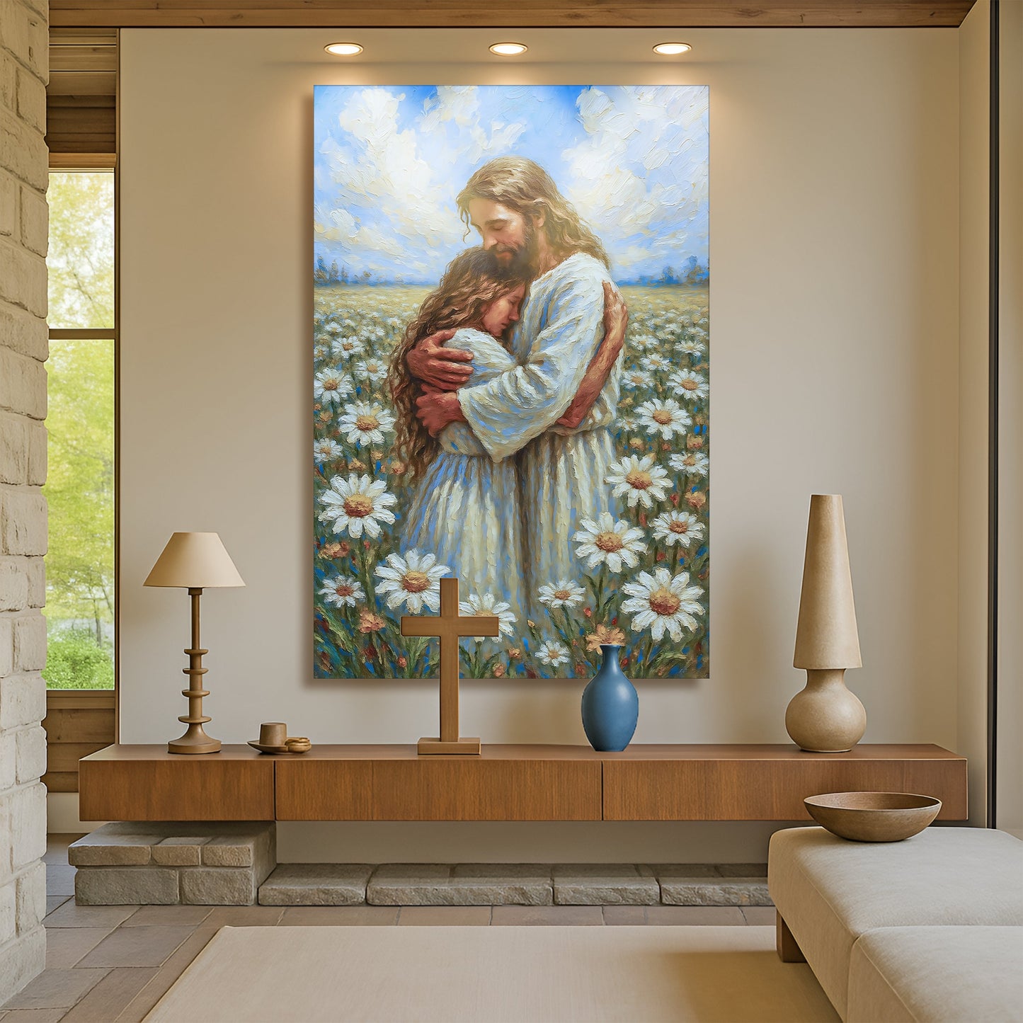 Jesus With Children Faith Wall Art canvas by Tailored Canvases, tender hug scene among daisies on Tampa Home & Garden Store