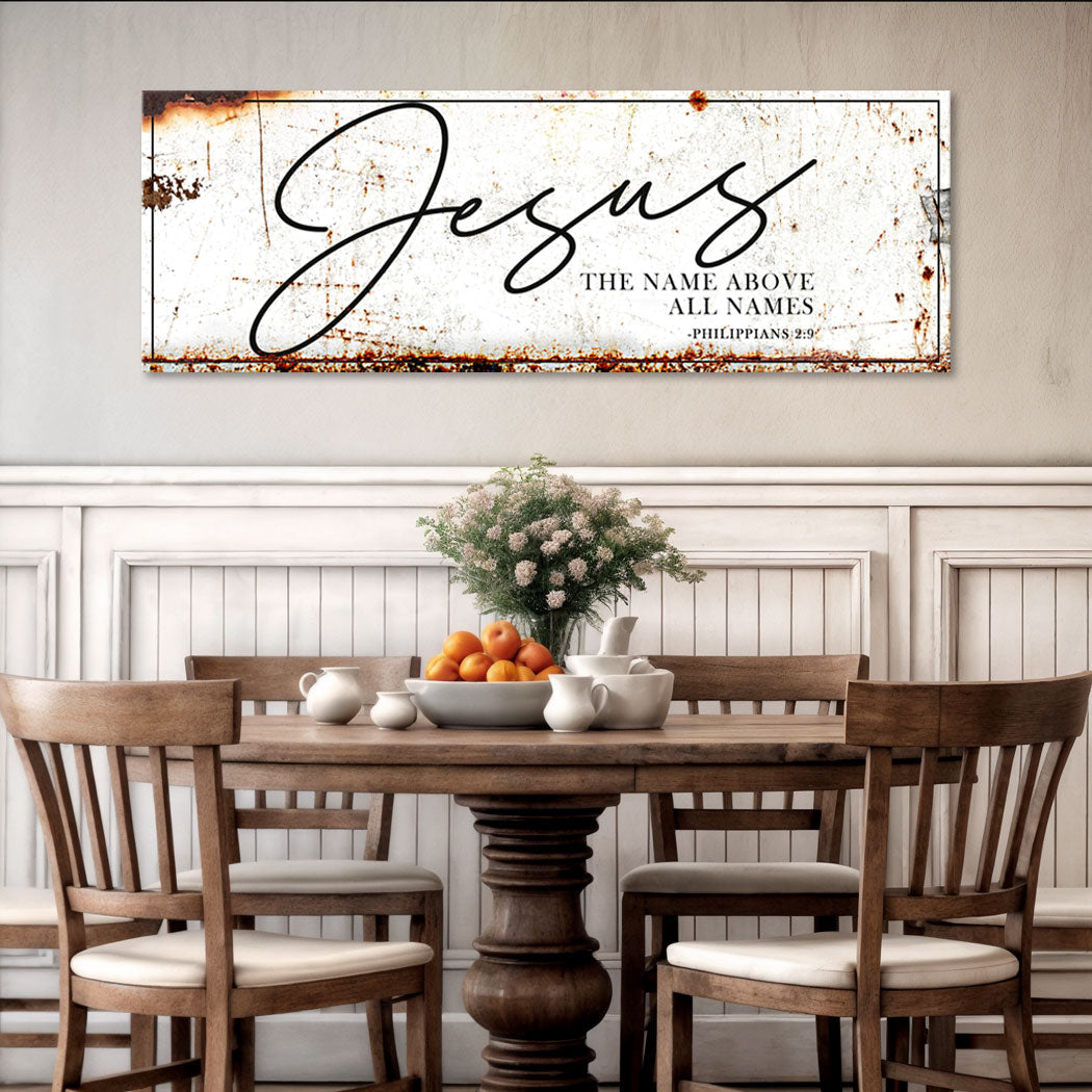 Jesus The Name Above All Names Faith Sign II canvas by Tailored Canvases with rust accents on Tampa Home & Garden Store