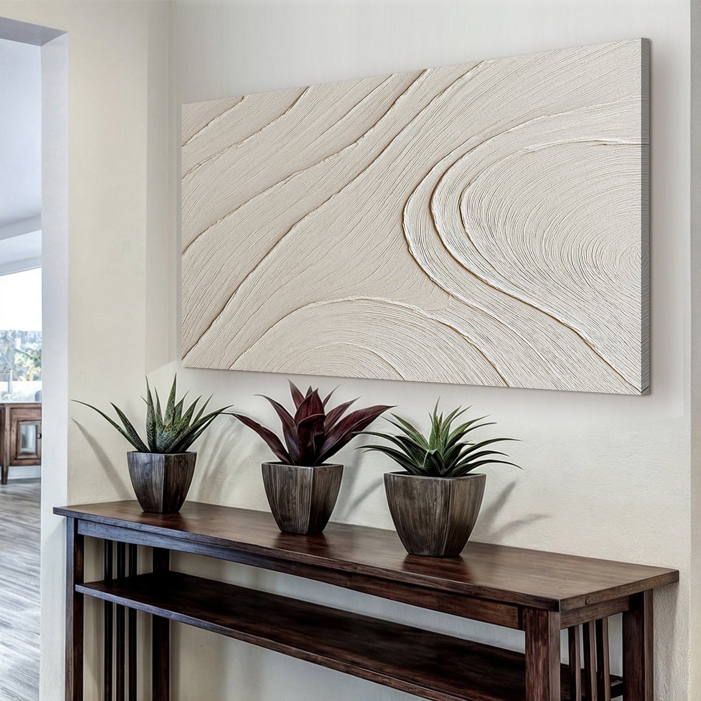 Minimalist Wall Art canvas by Tailored Canvases, crafting canvas with beige textured swirls on Tampa Home & Garden Store