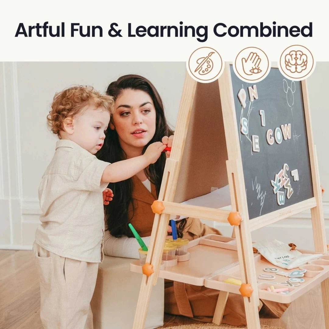 Tiny Land Caramel Magnitales Kids Easel in natural wood with chalkboard and art tools on Tampa Home & Garden Store