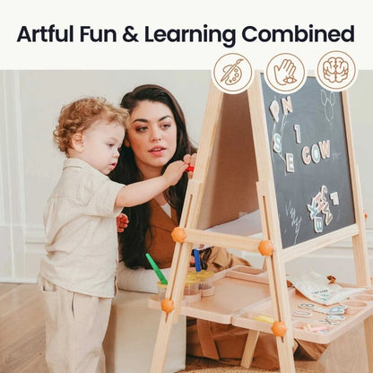 Tiny Land Caramel Magnitales Kids Easel in natural wood with chalkboard and art tools on Tampa Home & Garden Store