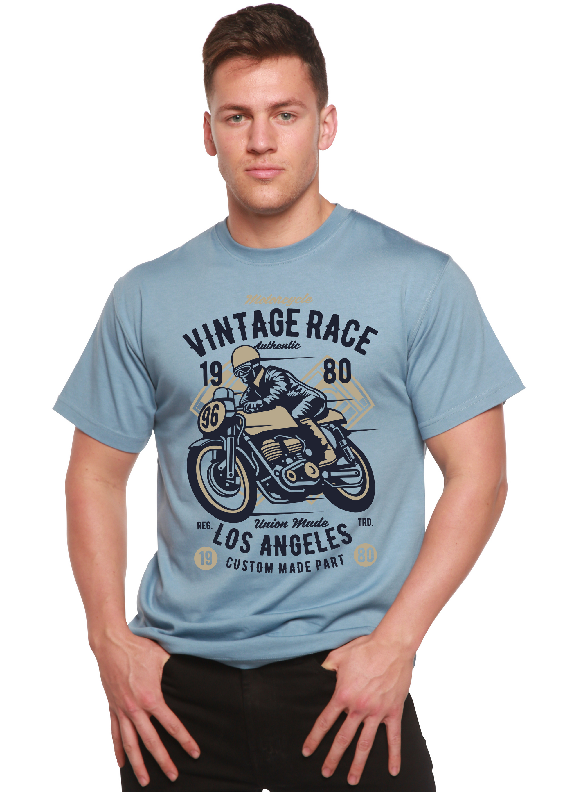 Vintage Race Spun Bamboo men's short sleeve T-shirt with motorcycle print in light blue on Tampa Home & Garden Store