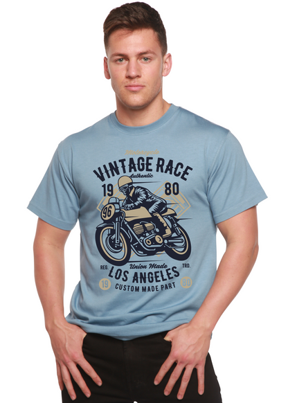 Vintage Race Spun Bamboo men's short sleeve T-shirt with motorcycle print in light blue on Tampa Home & Garden Store