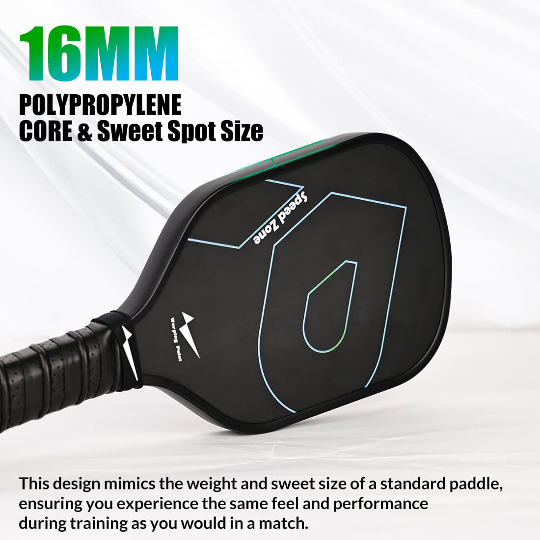 Pickleball training paddle 16mm polypropylene core Warping Point brand, black with blue accents on Tampa Home & Garden Store