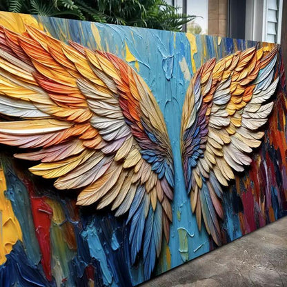 Wings of Hope wall art canvas with rainbow feather wings and bold textured paint on Tampa Home & Garden Store