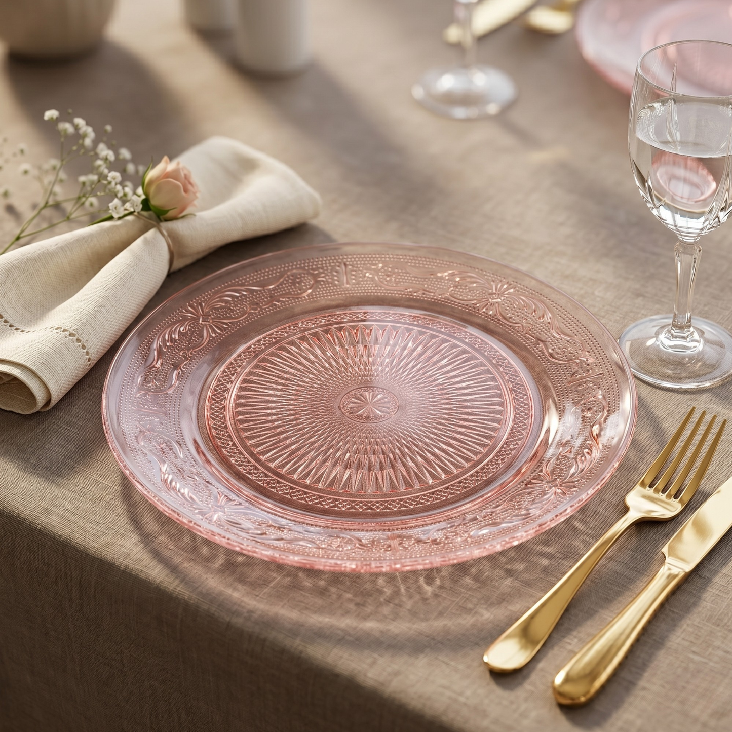 Blush Vintage Glass Plates and a Set of Six