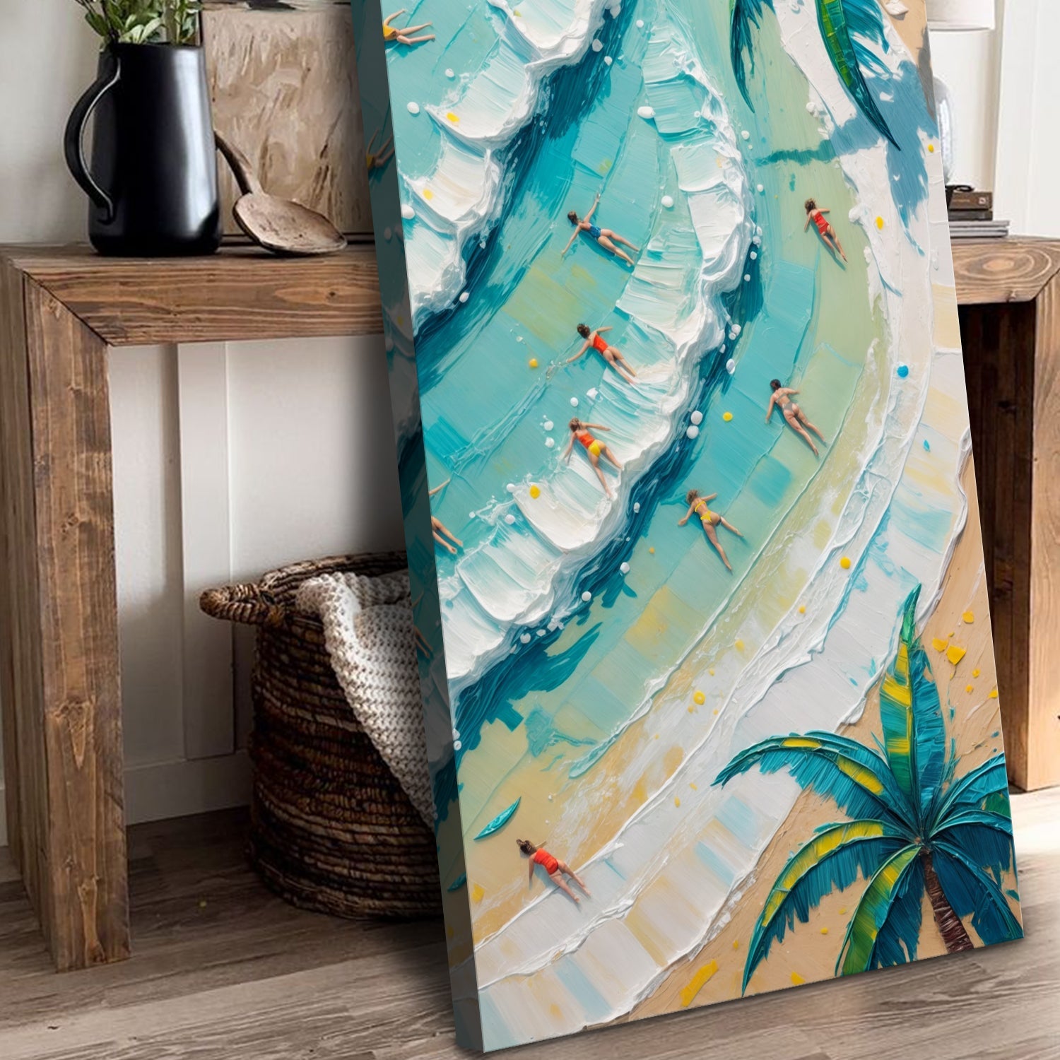 Beach Days Wall Art XXI canvas with turquoise waves and surfers on a rustic table on Tampa Home & Garden Store