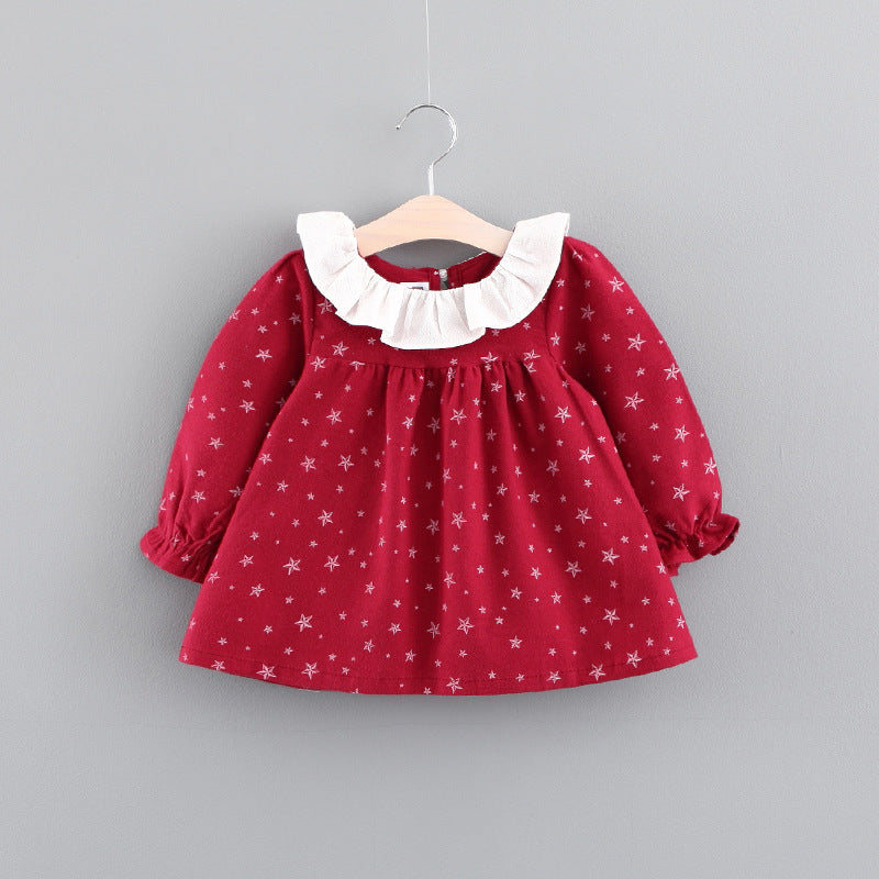 Red star-patterned knitted baby dress by Stevvex with white frill collar and long sleeves on Tampa Home & Garden Store