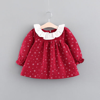 Red star-patterned knitted baby dress by Stevvex with white frill collar and long sleeves on Tampa Home & Garden Store