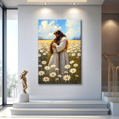 Jesus Hugging Woman Faith Wall Art II canvas Tailored Canvases; hug amid daisies in sky on Tampa Home & Garden Store