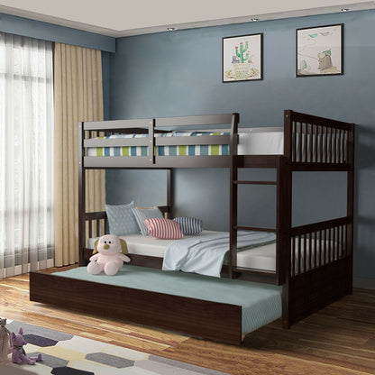Cama litera matrimonial sobre matrimonial de plataforma de madera con escalera - Marrón