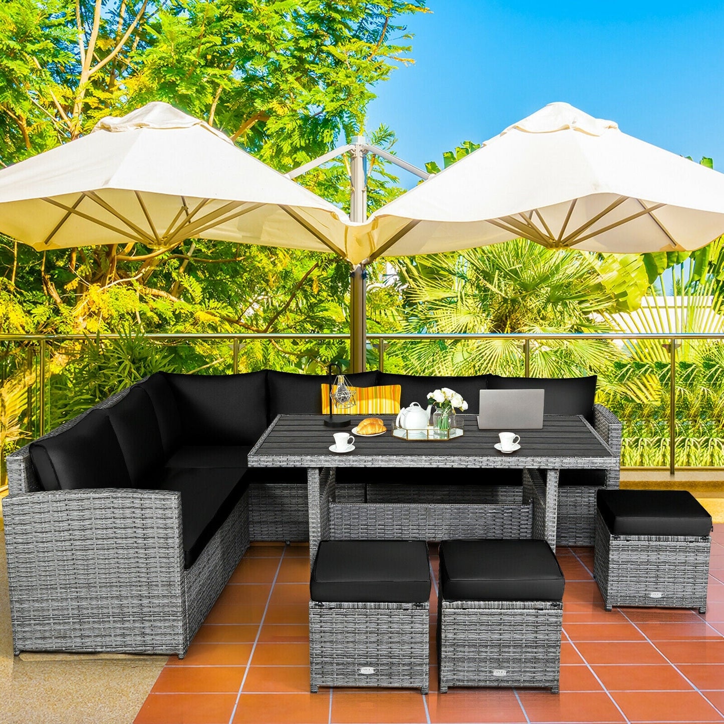 Juego de muebles seccionales de ratán para patio de 7 piezas con otomana de mimbre, color negro