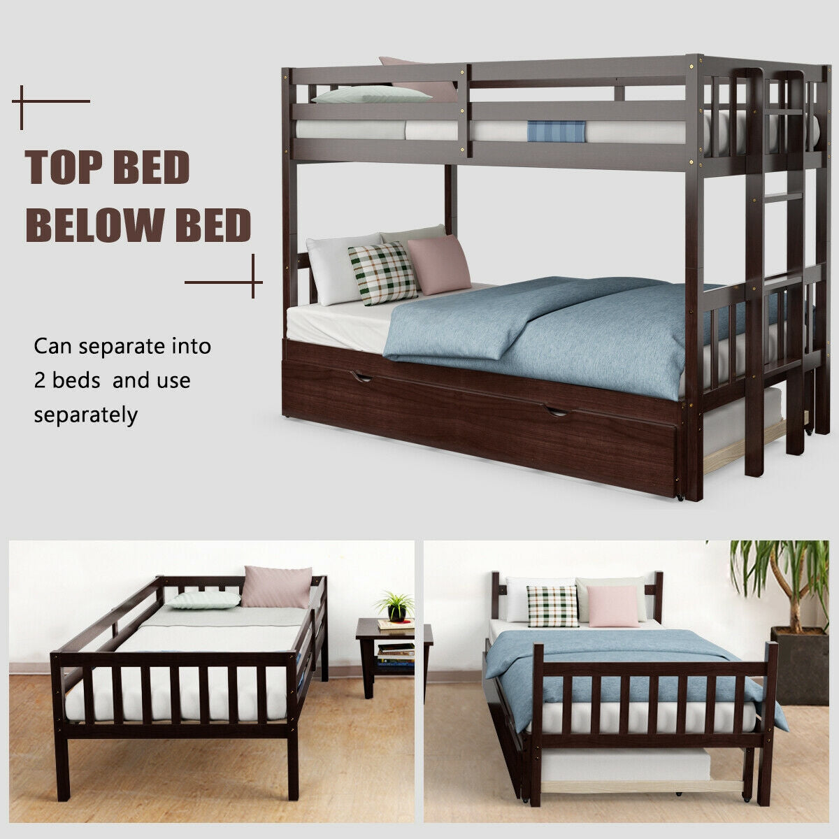 Literas dobles extraíbles con nido, escalera de madera - Espresso